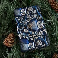 Blue White Owl Wrapping Paper Bird Owl Gift Wrap Elegant Hoot Owl Vibrant Floral Design Blue and Whi