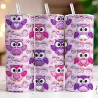 3D Inflated Owl Tumbler Wrap, Puffy Owl Sublimation Design PNG, 20 oz Skinny Tapered Straight 3D Owl