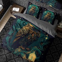 Scary Owl Witchcore Duvet Cover Set Dark Cottagecore Bedding, Wizard Aesthetic Quilt Cover Whimsigot