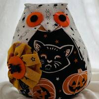 Fabric owl Halloween decoration shelf sitter whimsical light spider body dark belly