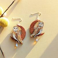 Celestial Owl & Moon Hand-Painted Layered Wood Earrings