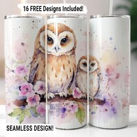 Owl Watercolor Flowers Tumbler Wrap Seamless Sublimation PNG, 20 oz Skinny Tumbler Wrap, Owl and Bab