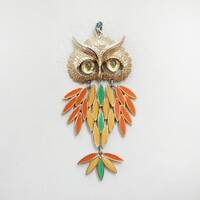 Enameled & Gold Articulated Owl Pendent/ Pretty Gold w Orange, Yellow and Green Owl w Glass Eyes
