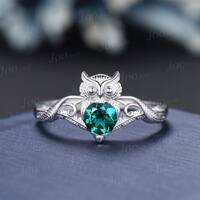 Unique Branch Twig Vine Owl Engagement Ring 5mm Round Green Emerald Nature Wedding Ring Antique Owl 