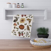 Vintage Autumn Forest Kitchen Towel Featuring Mushrooms, Pumpkins, Sunflowers, Owls, Rabbits | Fall 