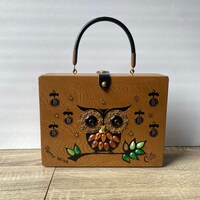 Vintage 1960s Enid Collins of Texas Wooden Owl Box Bag Purse, Mid Century Collectable Home Decor, Wi