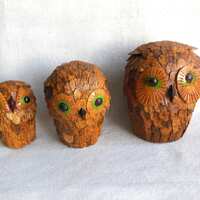 Vintage Handmade Wood Set of 3 Owl Baskets Made in Kiangsi Peoples Republic of China Wooden Nesting 
