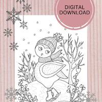 Christmas Coloring Page. Ice Skating Owl. Printable Coloring Page.
