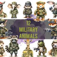 Military Animals| 12 PNG Clipart| Watercolor|(cat, fox, raccoon, owl, lama, hedgehog, elephant, bear