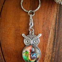 Wearable Art*Hand Painted* Owl Keychain Paint Poured Colorful Charm Pendant. Jewelry One of a Kind. 
