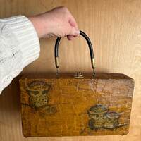 Vintage Edna Collins Style Wooden Box Bag with Owl Motif ~ Decoupage Owl ~ Tweed Interior ~ 60s Purs