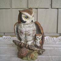 Vintage Bisque Porcelain Mother Owl with Baby, Owl on Log Figurine, Made in Taiwan