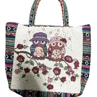 Boho Owl Tote Bag - Ethnic Floral - Folk Art Canvas Carryall - Handcrafted Shopper
