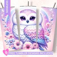 Seamless Pastel Glitter Owl Tumbler Wrap, Cute Flower Owl And Moon 20oz Skinny Tumbler Sublimation D