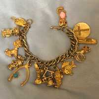 Vintage 1960 Charm Bracelet loaded Charms kitten Owl Clown Rabbit Fish etc 3D charms