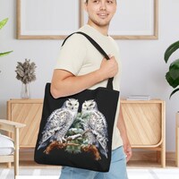 Owl Tote Bag, White Winter Owl Bird Travel Bag, Nature Lover Gift Bag, Wildlife Forest Animal Birdwa