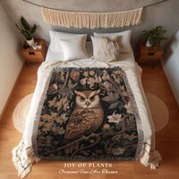 Owl Woven Blanket Botanical | Vintage William Morris inspired Nature Blanket Woodland Botanical Maxi