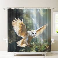 Flying Owl Shower Curtain, Forest Bathroom Decor, Luxury Fabric Water Resistant Weighted Shower Curt