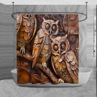 Owls Shower Curtain, Animal sculpture Bathroom Decor, Observant Bath mat, Realistic Towels, Traditio