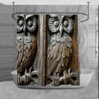 Owls Shower Curtain, Carving Bathroom Decor, Majestic Bath Decor, Wooden Bathroom Curtain, Whimsical