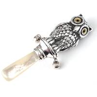 Modern Silverware, Baby's Rattle, Novelty Sterling, Owl Shape, Mother of Pearl, Paste Eyes, 3 1/