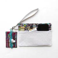 Owl Print Wristlet With Purple Polka Dots Paired With Ear Bud Case, Lavender Clutch, Small Purse Wit