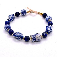 Bracelet blue white porcelain bead owl grandmillenial lapis lazuli gold bead and toggle ginger jar b