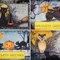 Decoupage Queen Cats and Owls Halloween 4 Pack A3 Decoupage Paper, Halloween, Vintage, Post Cards, S