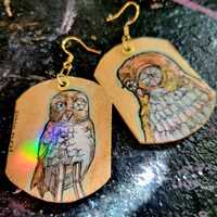 Athena's Owl Bubo magical horned owl hand-painted Mythology earrings - wearable art