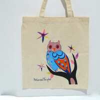 Rebecca Taylor Owl Tote - Vintage Toppers Natural Canvas Top Handle Bag / Wise Owl with jeweled eye
