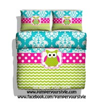 Owl Monogrammed Duvet or Comforter - Lime Green and Turquoise bedroom -  Damask and Polka Dot Owl Be