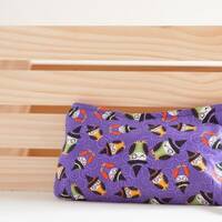 Halloween clutch or wristlet with cute little owl, purple with orange glitter, detachable handle, zi