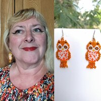 Native American Style Beaded Cute Owl Earrings in Orange and Black Animal Wildlife Brick Stitch, Pey