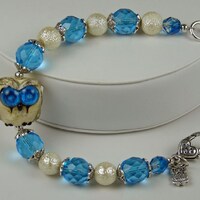 BLUE EYED OWL: Artist Lampwork Glass Vibrant Sapphire Blue Silver Ivory Bracelet