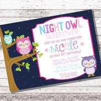 Girl's Night Owl Birthday Invitation | Sleepover Birthday Party | Pajama Party | Owl Theme Party