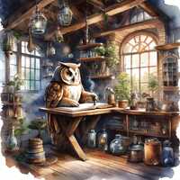 Owl in a Treehouse Lab, 12 High-Res Watercolor JPGs, Owls Commercial License Clipart, POD, Invitatio