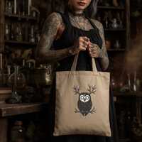 Mystical Owl Tote Bag: Witchy Gothic Antlers, Organic Cotton