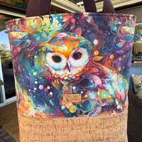 Owl Tote Bag, Cork Base, Chocolate Brown Interior, Watercolor, Gift Bag
