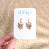 Owl Sparkly Dangle Earrings with 18K Gold Plated Ear Wires