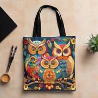 Embroidered Owls Tote Bag: Whimsical Owl Design Carryall, Grocery Shopping Shoulder Bag
