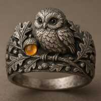 Sterling Silver Owl Ring with Oak Leaves & Golden Cabochon | 925 Woodland Nature Statement Jewel