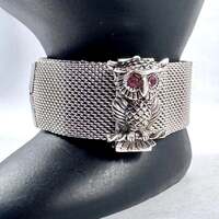 Sarah Coventry Signed Vintage Nocturne Owl Mesh Cuff Bracelet Purple Rhinestone Eyes