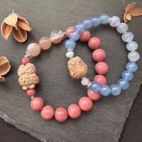 Alashan Carved Owl Bracelets – Pink Flower Agate, Rhodonite, Blue Chalcedony, Lace Agate