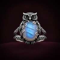 Sterling Silver Owl Ring with Blue Moonstone Cabochon | Witchy Boho Statement Jewelry