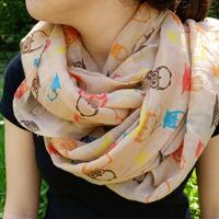 Eternity Vintage Extra Large Scarf with Whimsical Owls Double Loop Scarf Boho Infinity Loop Summer L