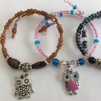 Owl Charm Bracelets, Stackable Bracelets, Bird Charm bracelets, Beaded Charm Bracelets, Memory Wire 