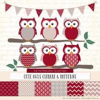 Patterned Ruby Owls Clipart and Digital Papers - Ruby Red Owl Clipart, Owl Vectors, Baby Owls, Cute
