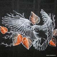 Embroidered Owl hand towel - Chalkboard style Owl and Fall Leaves on black 100% cotton towel