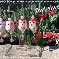 Valentine Owl Dangle Drop Earrings Pink Red, Owl Always Love You