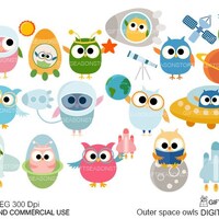 Outer space owls digital clip art for Personal and Commercial use - INSTANT DOWNLOAD
